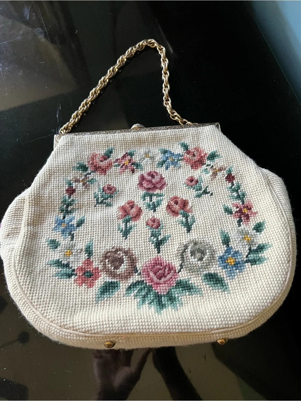 Vintage Floral Beaded White Handbag with Gold Chain Handle
